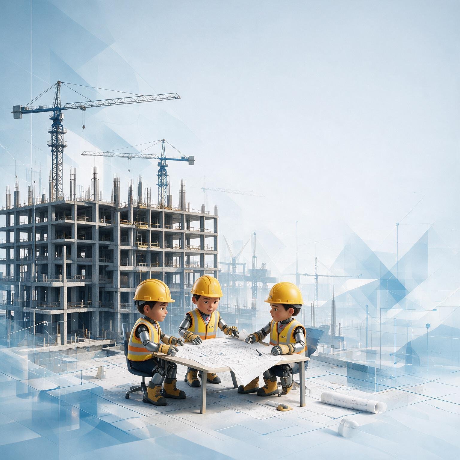 Personagens 3D de capacete amarelo reunidos sobre uma planta, em canteiro de obra