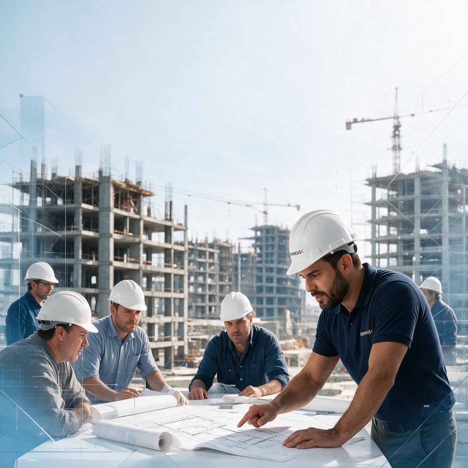 Equipe de engenharia sobre pranchas de obra, com edifícios em construção ao fundo